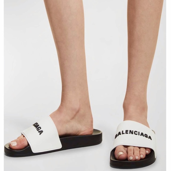 BALENCIAGA Women's Birublo Bicolor Logo Pool Slide Sandals 5 B/35 EU - Picture 3 of 14